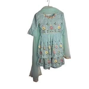 Girls Light Blue Floral Embroidered Anarkali Kurti Sharara Set Dupatta Size 30
